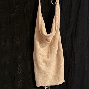 Beatrice San Fransisco Ibiza Knit Crotchet Gold Nude Tan Cream Cowl Neck Blouse